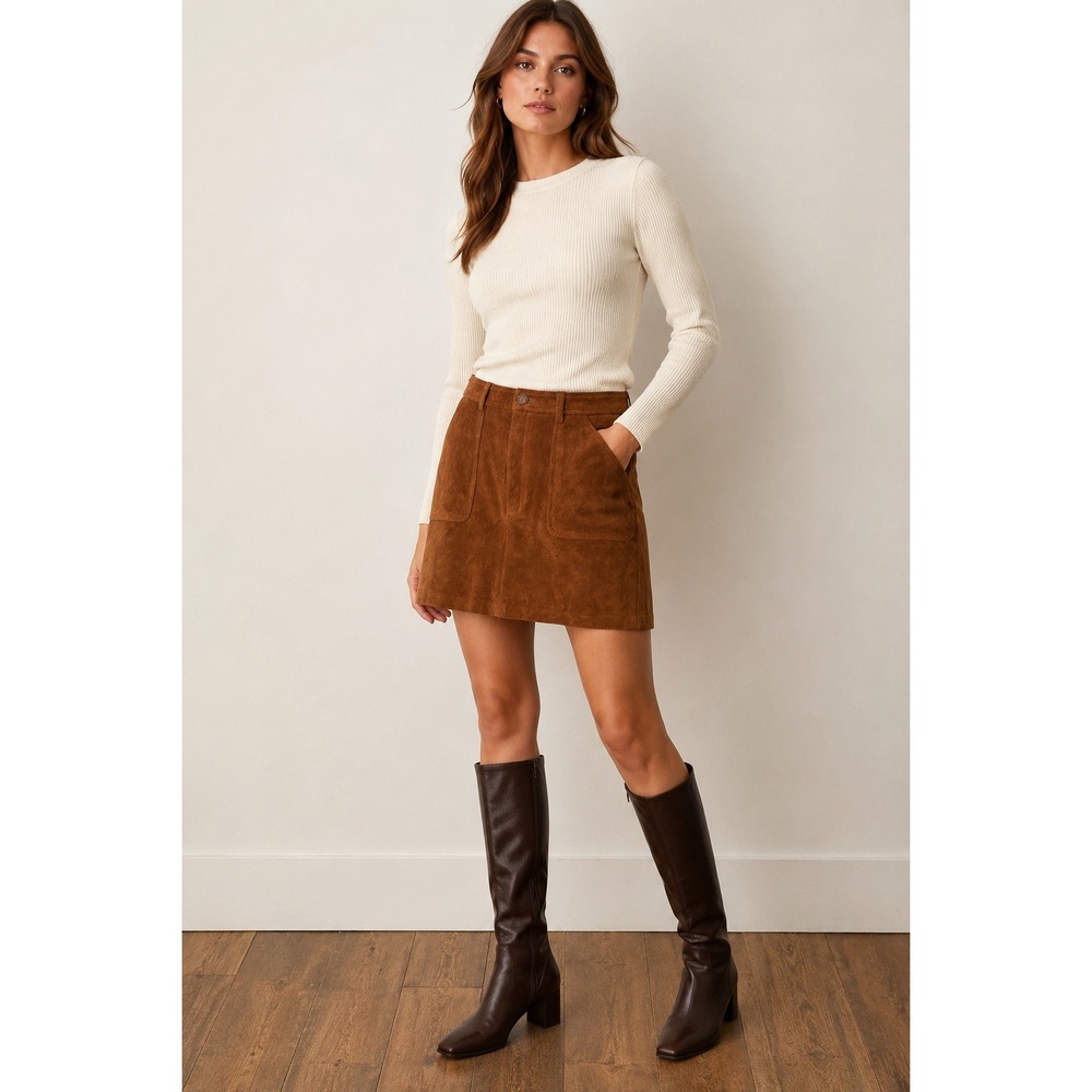 Banana Republic Womens Brown Genuine Suede Leather Mini Skirt Pockets Size 12